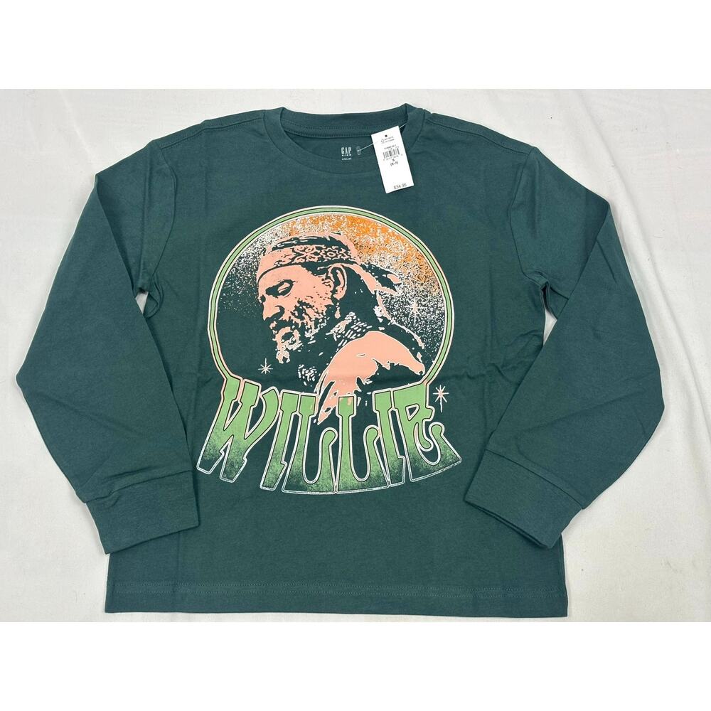 NWT Gap Kids Willie Nelson Country Music Graphic Tee Long Sleeve Dark Green 6/7